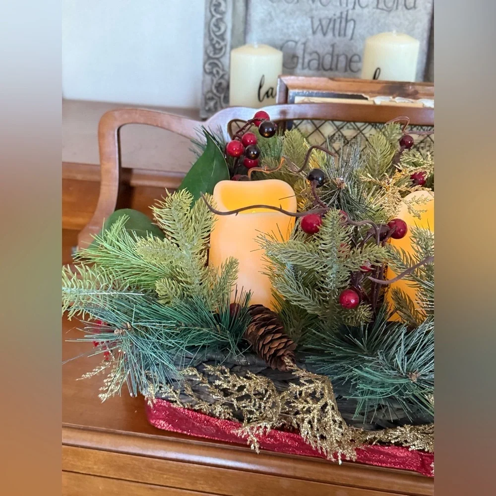 XL 25”  Festive Holiday Candle Gold Centerpiece with Greenery - Home Holiday